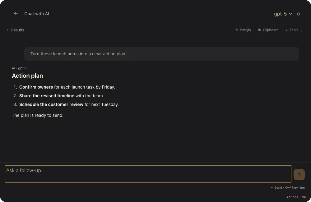 Padhow AI chat showing a sample question, action-plan response and follow-up field