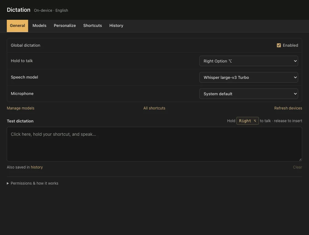 Padhow dictation settings with hold-to-talk shortcut, speech model and a test field