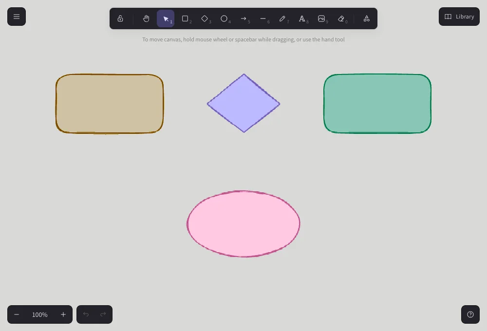 Excalidraw canvas with drawing tools and sample colored shapes