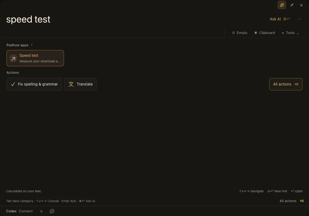 Padhow launcher showing the Speed test app result and writing actions