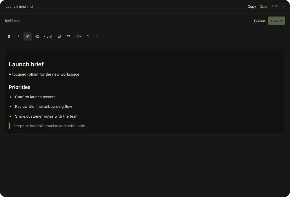 Padhow Markdown file preview with a rich-text toolbar and editable launch brief